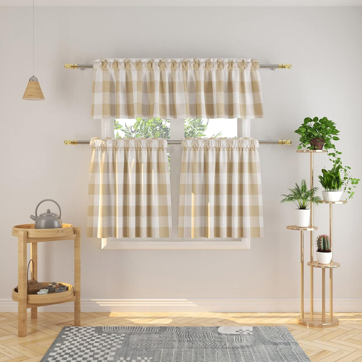 Buffalo Check Kitchen Tier Curtain 24 inches Long Plaid Gingham Rod Pocket Classic Cafe Curtains Country Farmhouse Kitchen Half Window Curtains 2 Panels Beige & White