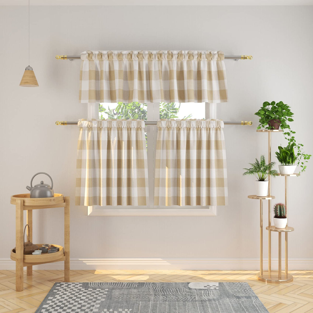 3 Pieces Tier Curtains and Valance Set Buffalo Check Kitchen Tiers Plaid Gingham Rod Pocket Classic Short Small Cafe Curtains Country Farmhouse Cafe Bathroom 54"x18"/27"x24" Brown & White