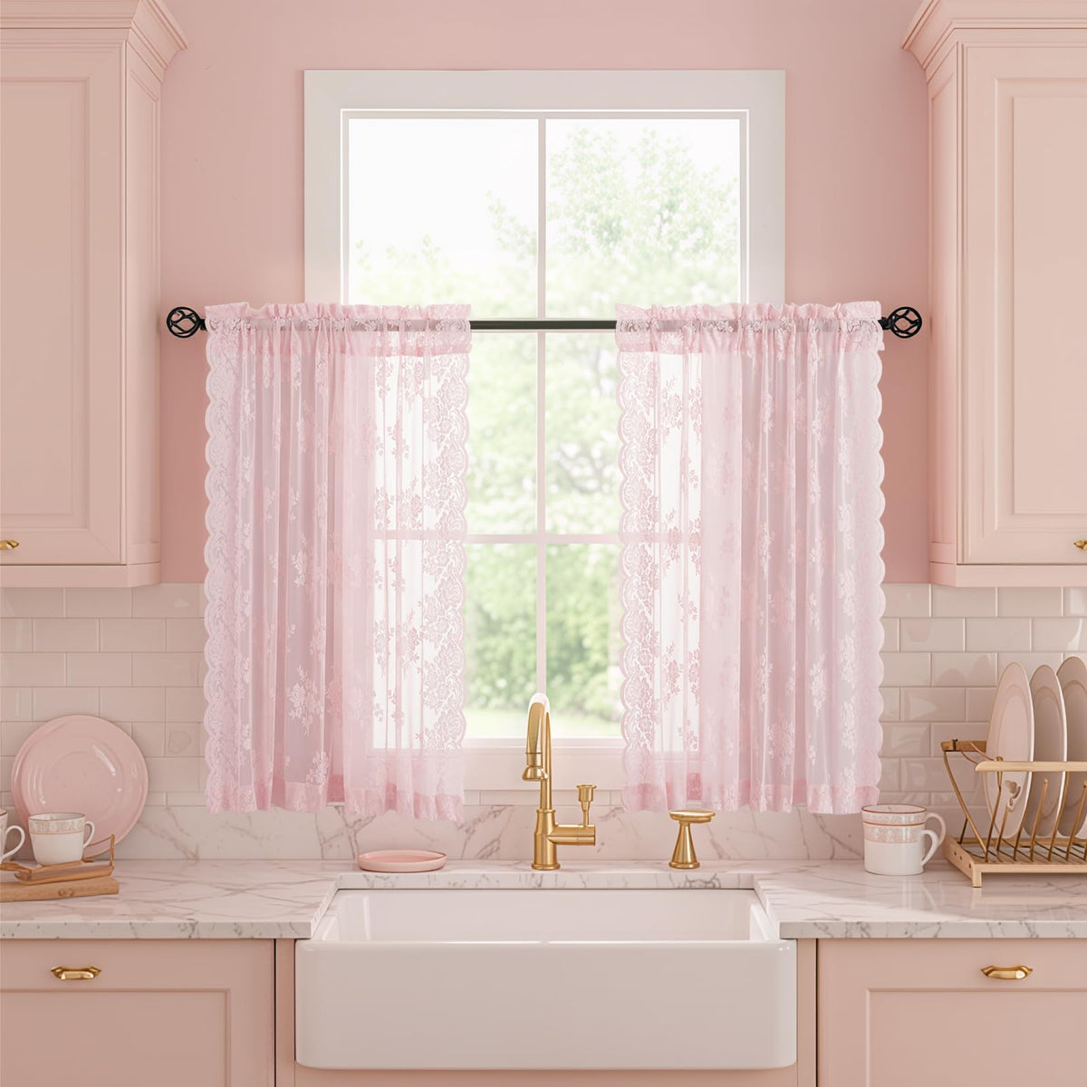 Kotile Short Beige Lace Curtains for Kitchen Windows W42xL45 Inch, 2 Panels