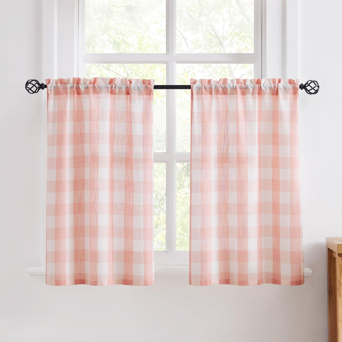 Taupe White Check Kitchen Tier Curtains for Basement Laundry 27x36 2pcs