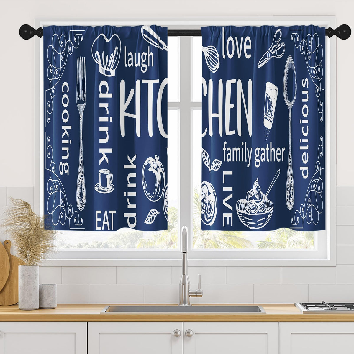 Arttown Kitchen Curtains 63 Inch Length, 2 Pack, Abstract Doodle Modern
