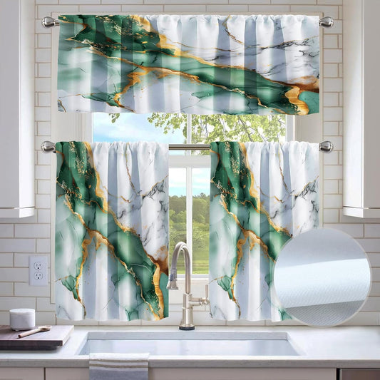 Kitchen Curtains Sets for Windows,52x36 Inch 3 Piece,Green Marble