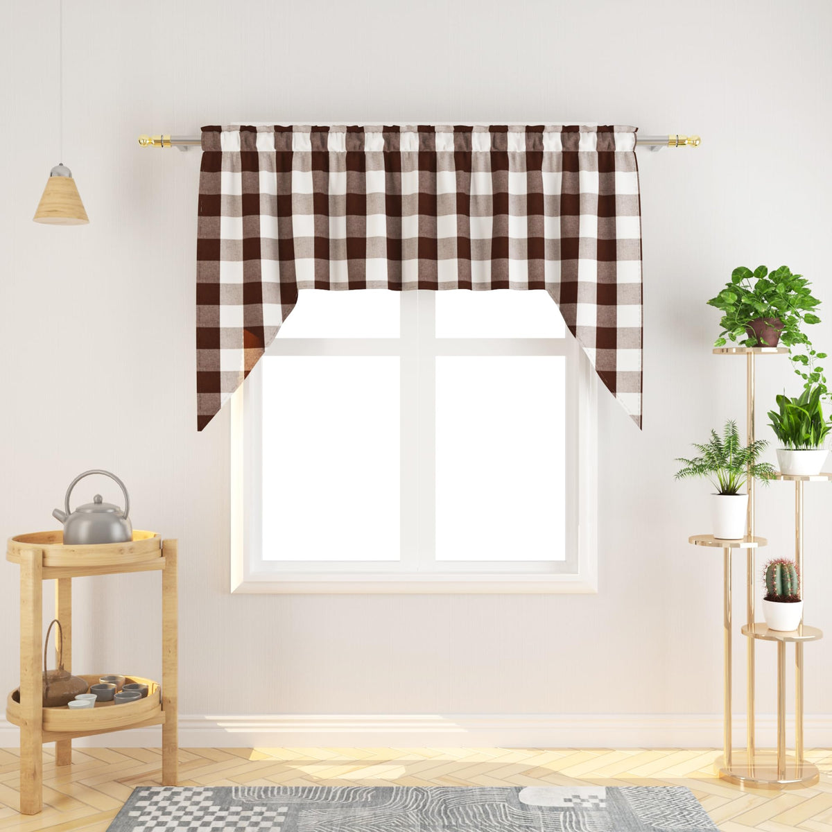 Buffalo Check Kitchen Tier Curtain 24 inches Long Plaid Gingham Rod Pocket Classic Cafe Curtains Country Farmhouse Kitchen Half Window Curtains 2 Panels Beige & White