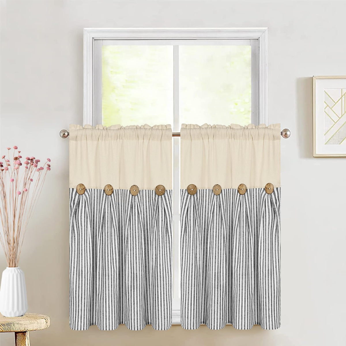 ASPMIZ Cotton Linen Kitchen Valance Curtains, Boho Rustic Button Linen Valances for Windows Farmhouse, Black with Grey Stripe Valance Window Topper Treatment Window Valances for Bathroom, 52 x 18 Inch