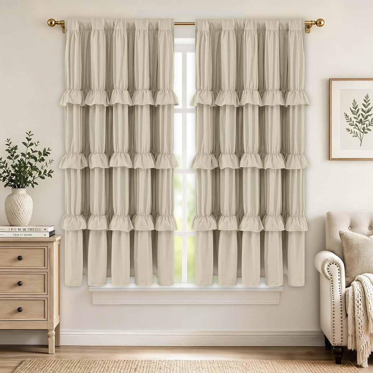 Yinhua Pink Kitchen Curtains 36 Inch Length Ruffle Blackout Cafe Curtains, Farmhouse Rustic Kitchen Window Curtain Rod Pocket Short Tier Curtain for Windows, 26" W x 36" L, 2 Panels
