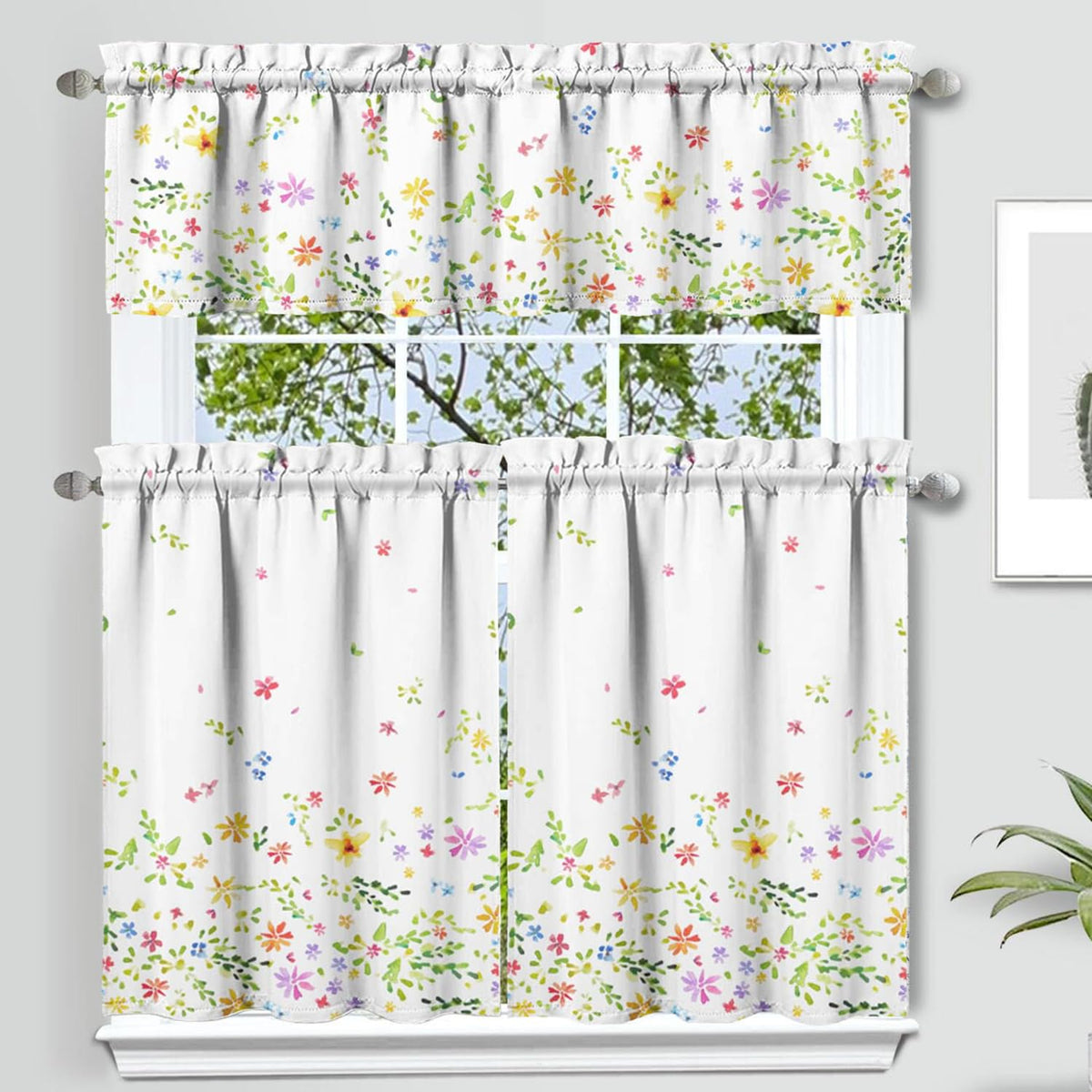 Sage Kitchen Curtain Valance 3 Piece Set, Sage Leaf Floral Kitchen Decor for Home Interior, Farmhouse Style Sink Window Curtains 36 Inch
