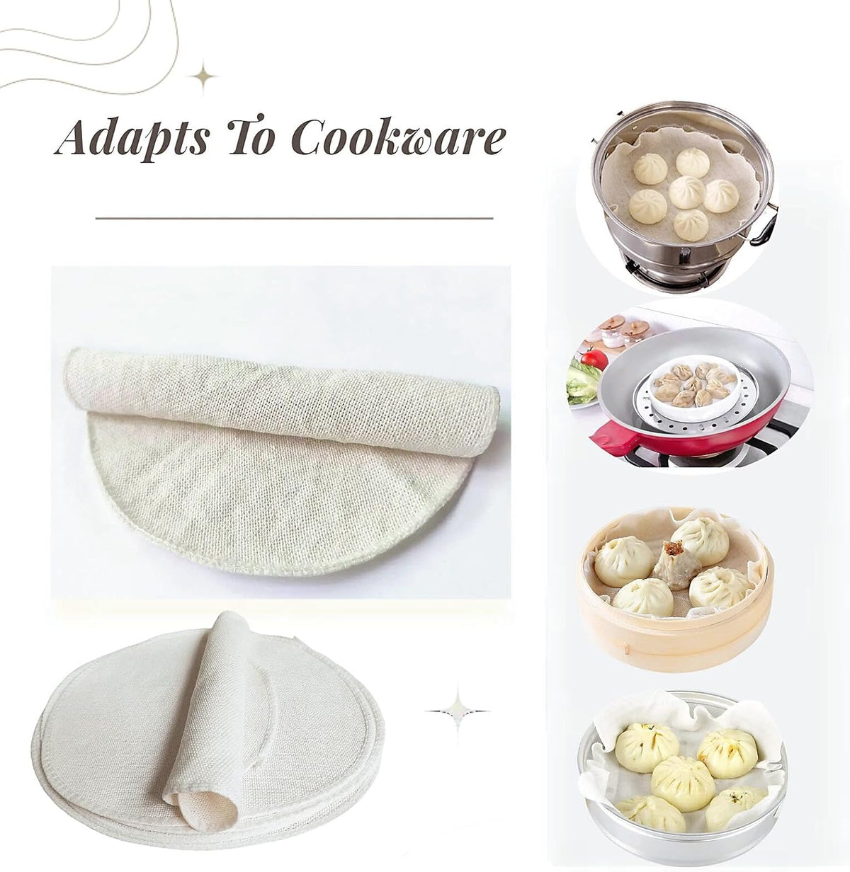 Reusable Bamboo Steamer Basket Liner for Cooking (Sets of 3 Sizes) - Non Stick Dumpling Steam Cloth Thicked Gauze Mats - 15"/12"/10" Kits