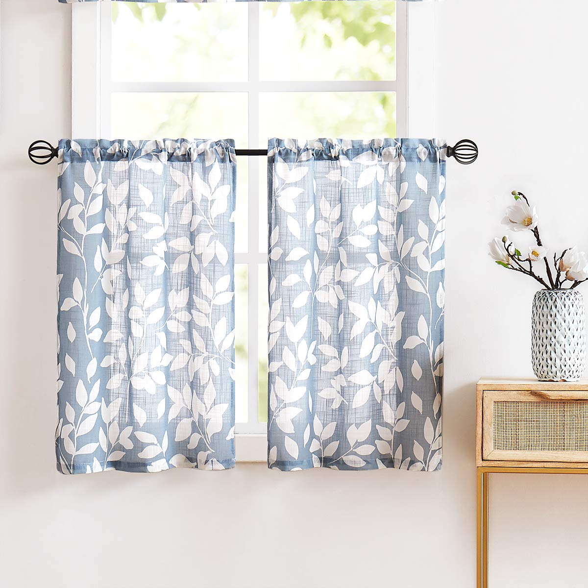 Leaf Kitchen Curtains 36"L Small Tier Window Curtains White Taupe 2pcs