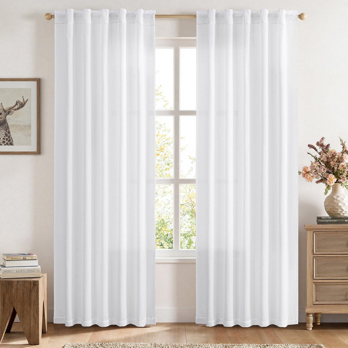 MIULEE 36 Inch Linen Textured Sheer Cafe Curtains Kitchen Window Tan Beige