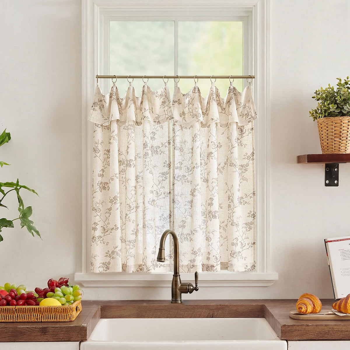 jinchan Floral Linen Kitchen Tier Curtains, 36 Inch, 2 Panels, Taupe