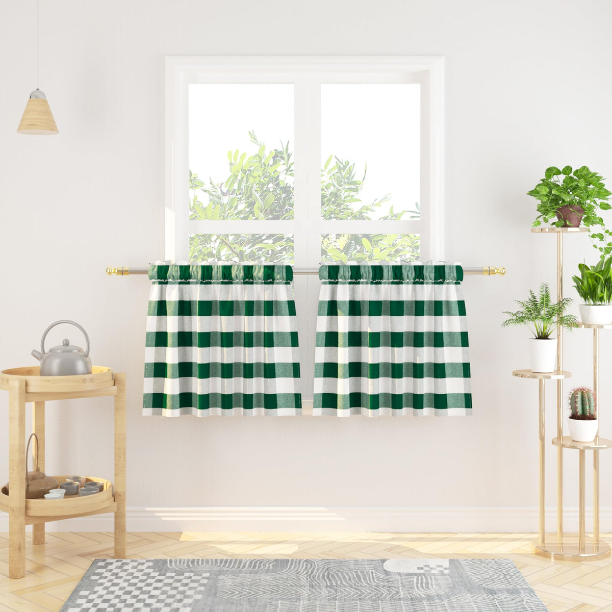 Buffalo Check Kitchen Tier Curtain 24 inches Long Plaid Gingham Rod Pocket Classic Cafe Curtains Country Farmhouse Kitchen Half Window Curtains 2 Panels Beige & White