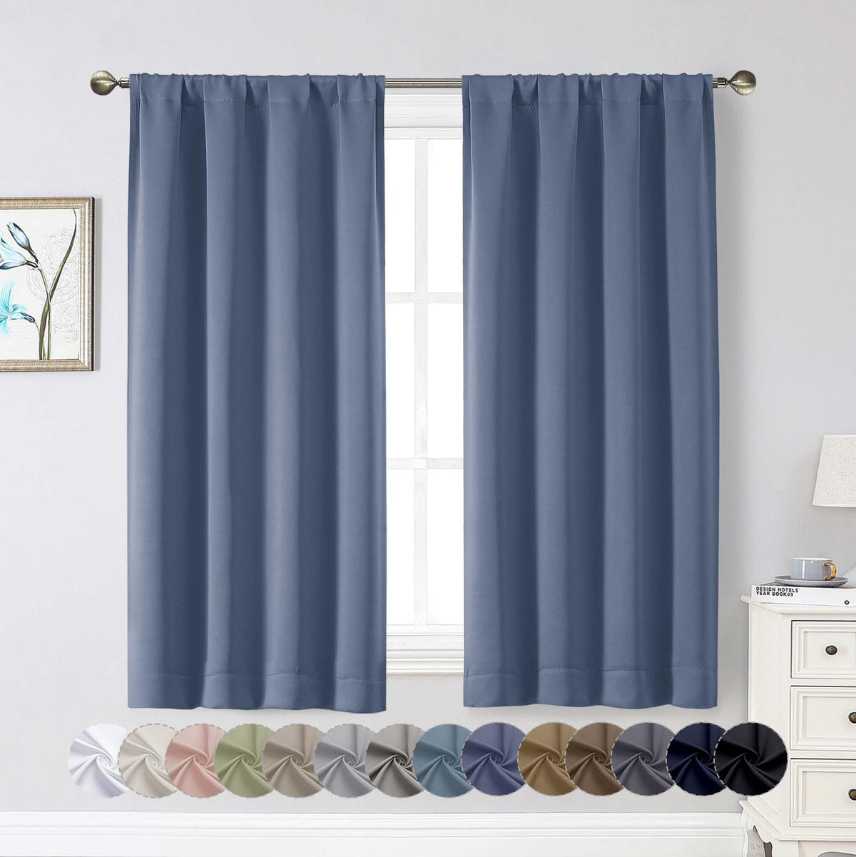 Black Cafe Blackout Curtains 36 Inch Length 2 Panels Set, Soft Solid Thermal Insulated Room Darkening Small Window Curtains for Kitchen Bathroom Basement, Black, Each, 40" Wx36 L