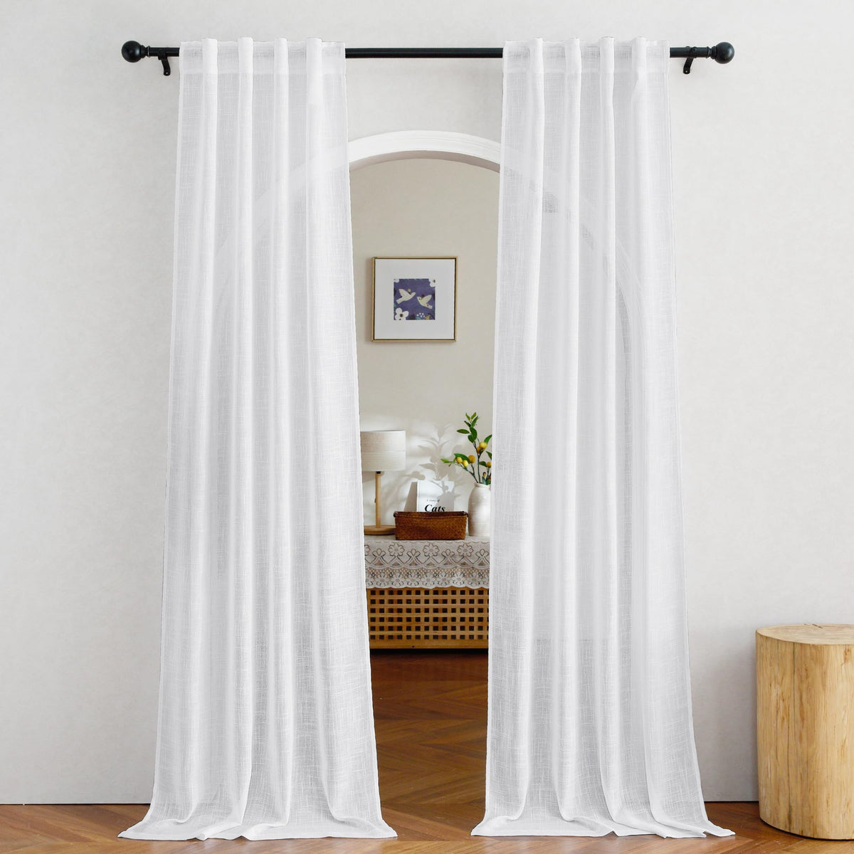 NICETOWN Natural Linen Kitchen Curtains 26 inches Long, Rod Pocket & Back Tab Semi Sheer Flax Window Treatments Rustic & Cute for Cafe/Kids Room, W37 x L26, 2 Panels