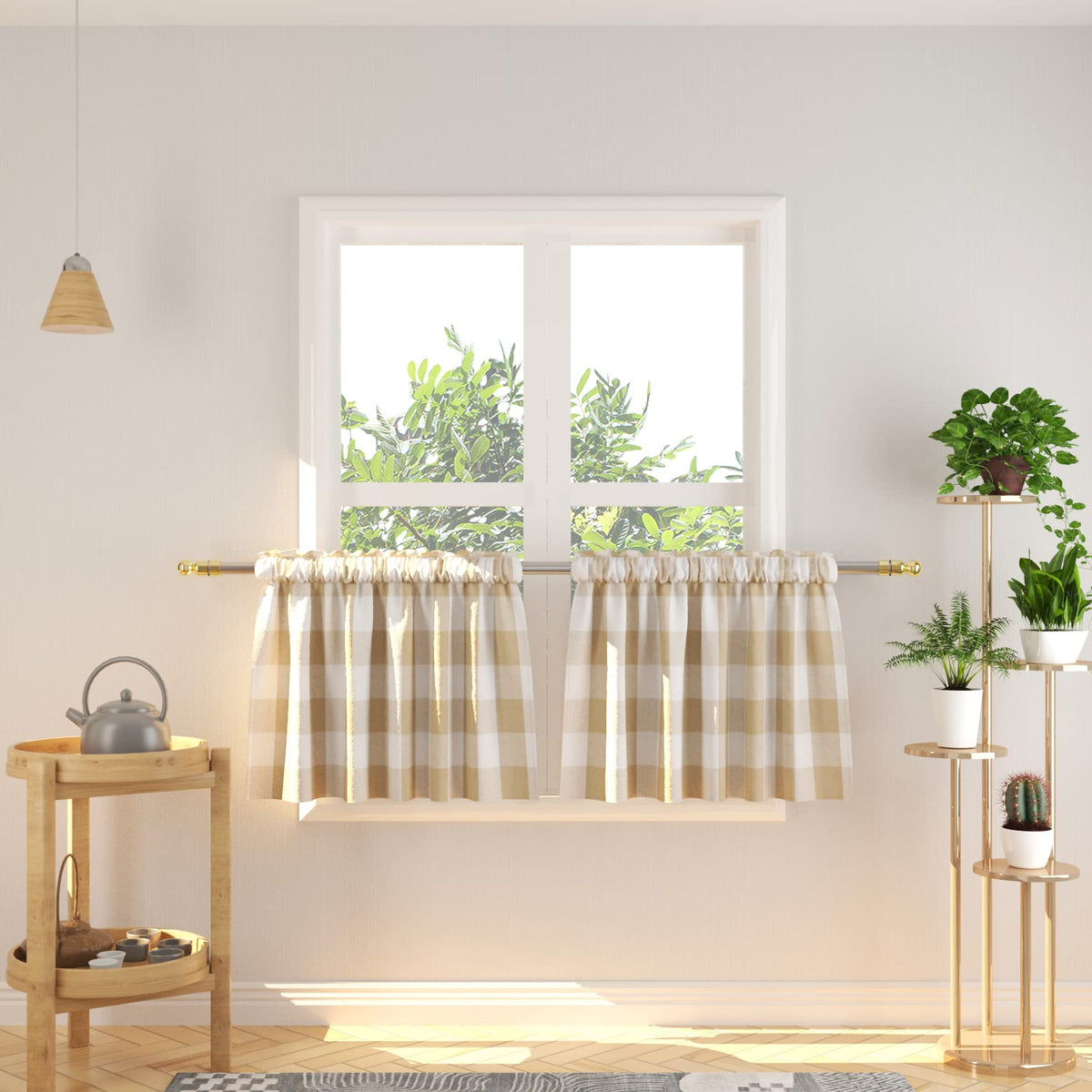 Buffalo Check Kitchen Tier Curtain 24 inches Long Plaid Gingham Rod Pocket Classic Cafe Curtains Country Farmhouse Kitchen Half Window Curtains 2 Panels Beige & White