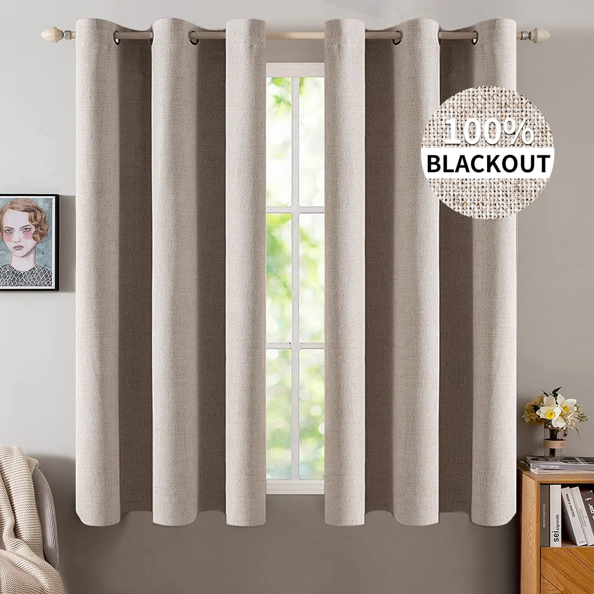 MIULEE 100% Blackout Linen Curtains for Bedroom 52x54 Inches Natural Beige