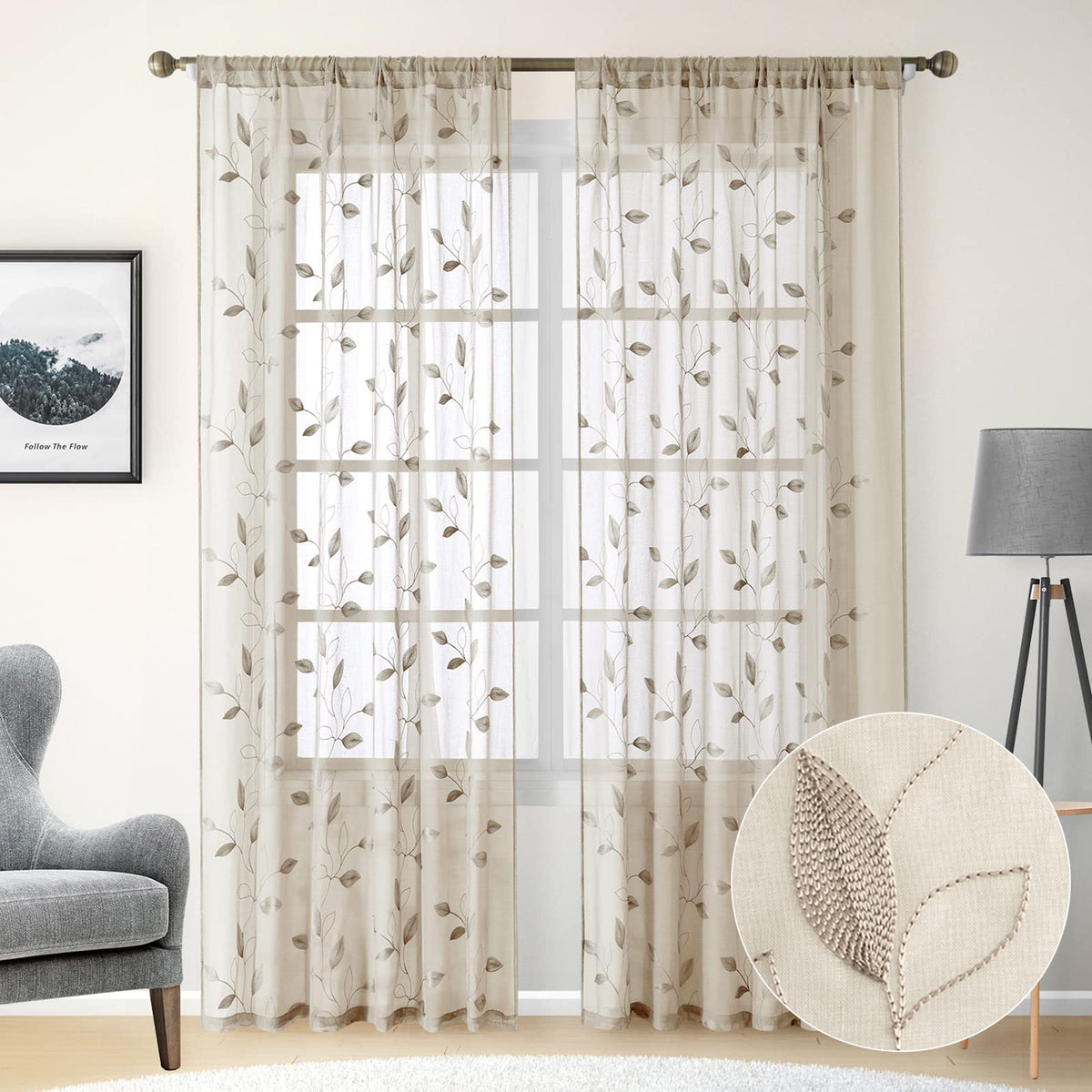 HOMEIDEAS Sage Green Kitchen Tier Curtains Leaf Embroidered, 30x36, 2 Panel