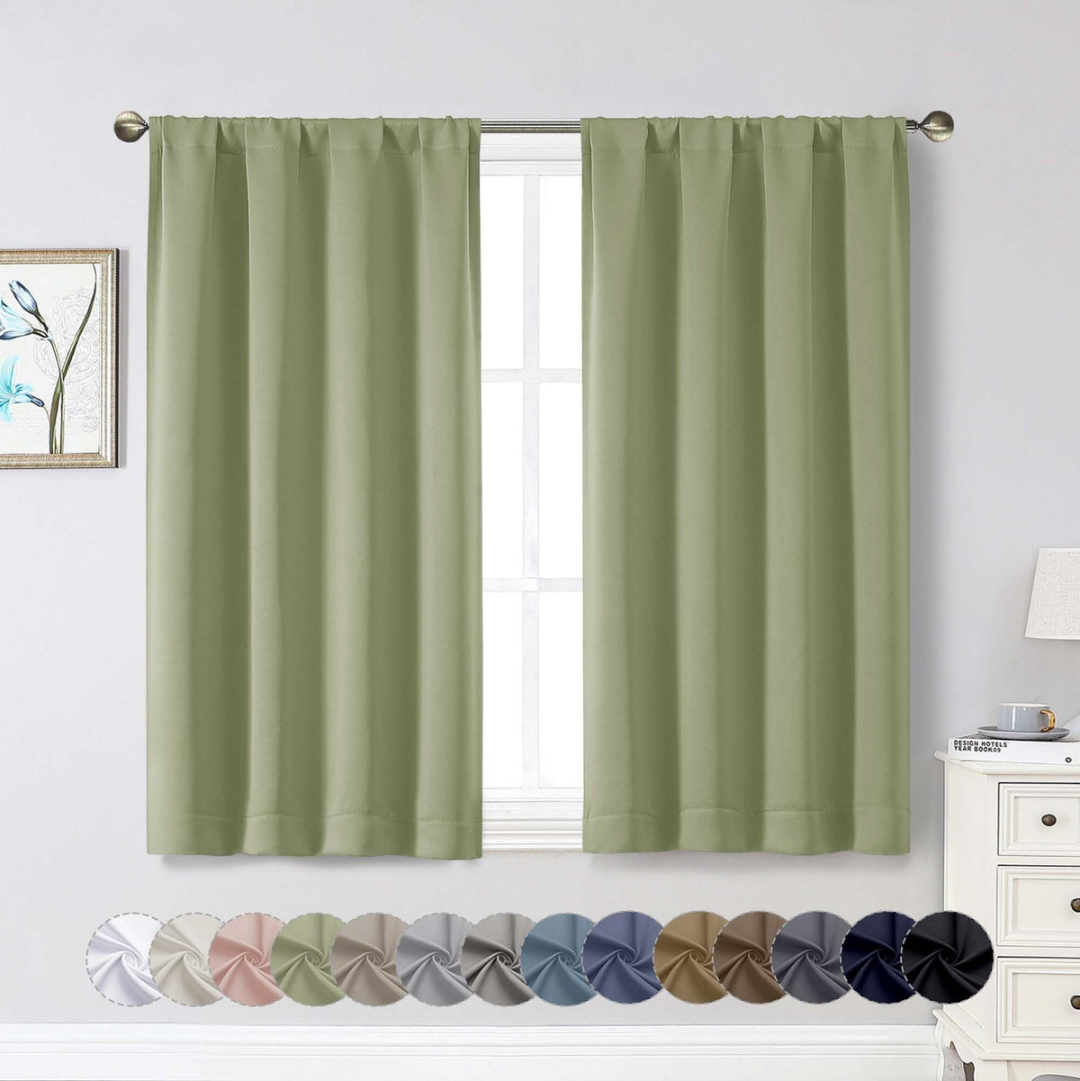 Black Cafe Blackout Curtains 36 Inch Length 2 Panels Set, Soft Solid Thermal Insulated Room Darkening Small Window Curtains for Kitchen Bathroom Basement, Black, Each, 40" Wx36 L