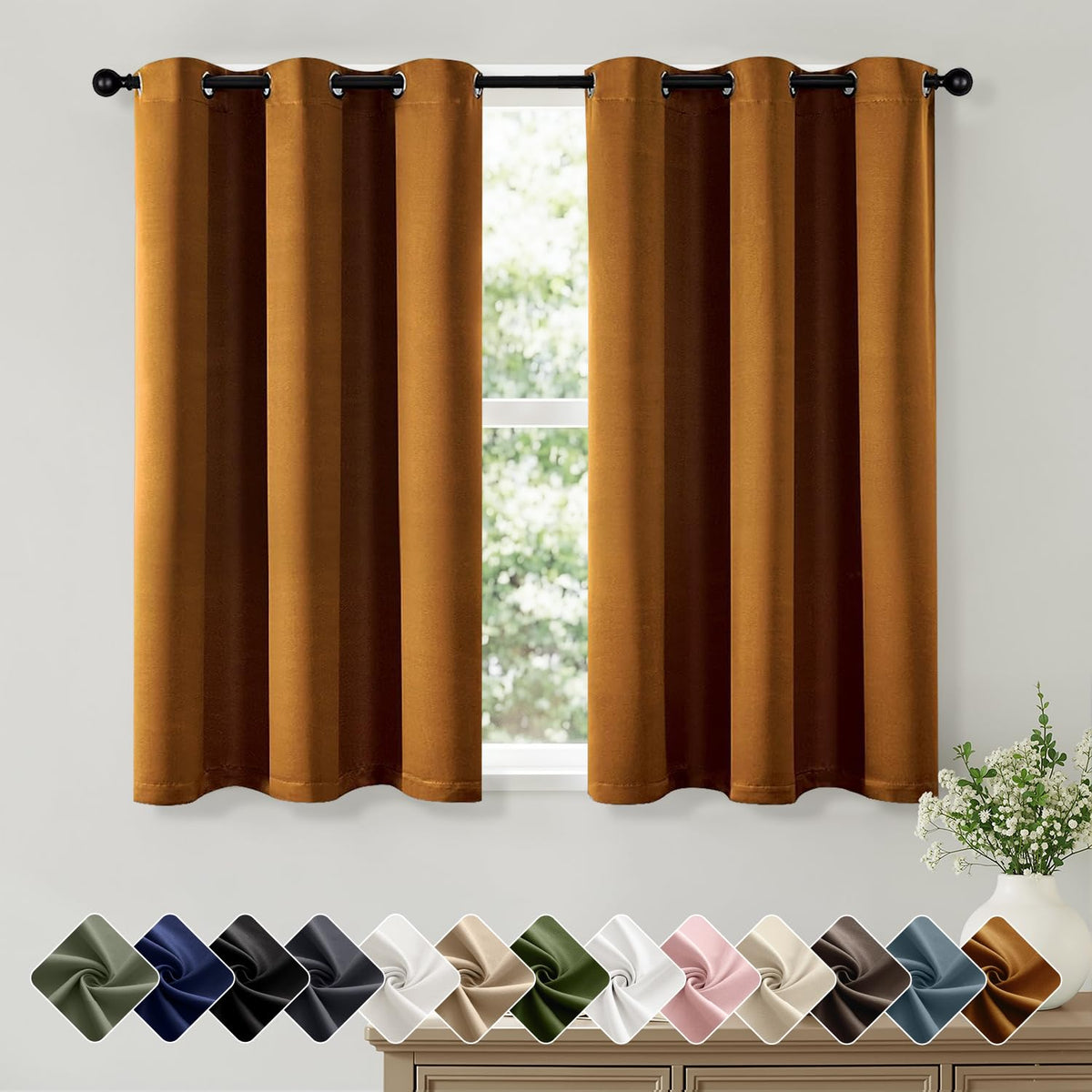 Short Navy Blue Blackout Kitchen Curtain W40 x L45 Inch 2 Panels