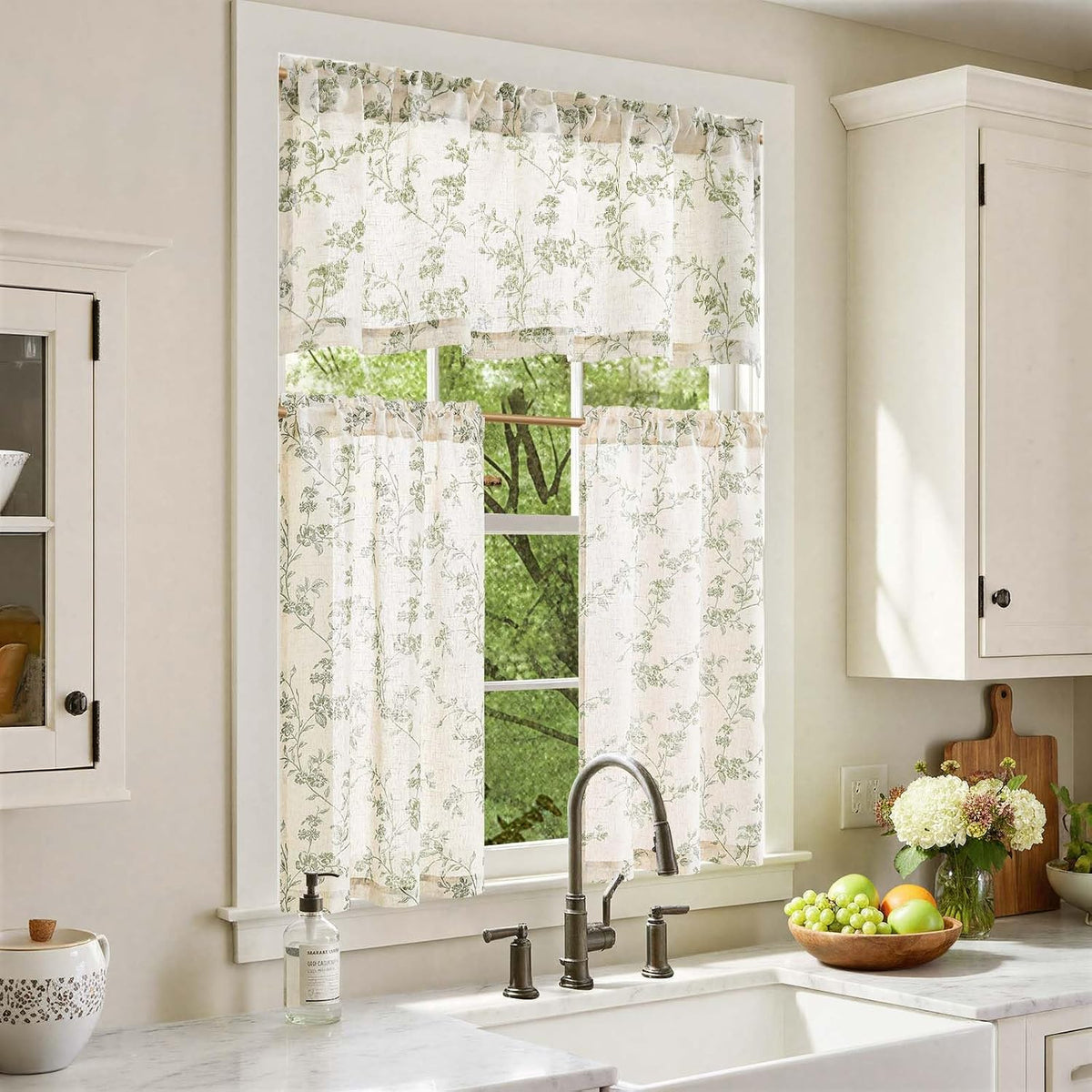 jinchan Green Linen Floral Kitchen Tier Curtains and Valance Set 3 Pieces