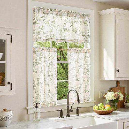 jinchan Green Linen Floral Kitchen Tier Curtains and Valance Set 3 Pieces