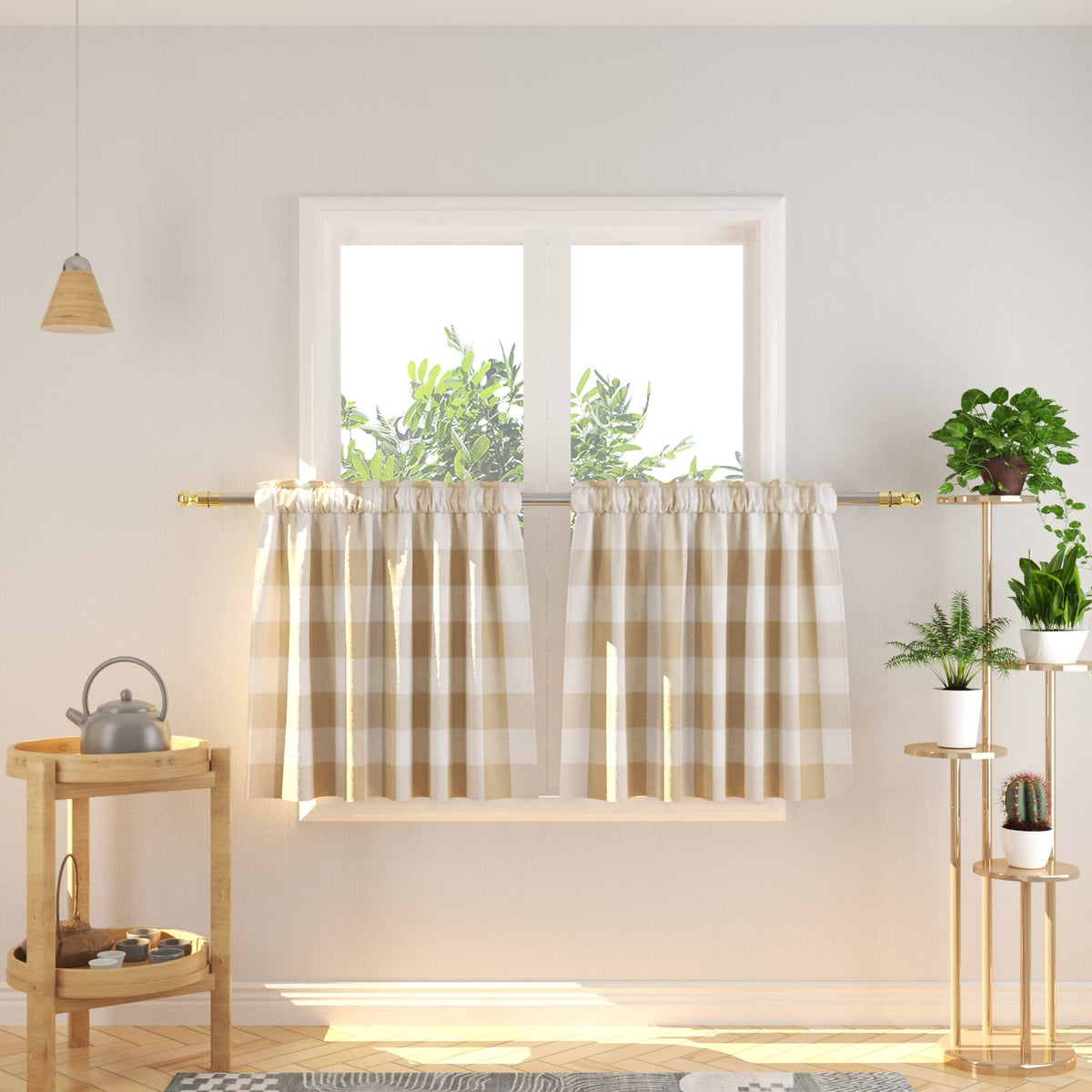 Buffalo Check Kitchen Tier Curtain 24 inches Long Plaid Gingham Rod Pocket Classic Cafe Curtains Country Farmhouse Kitchen Half Window Curtains 2 Panels Beige & White
