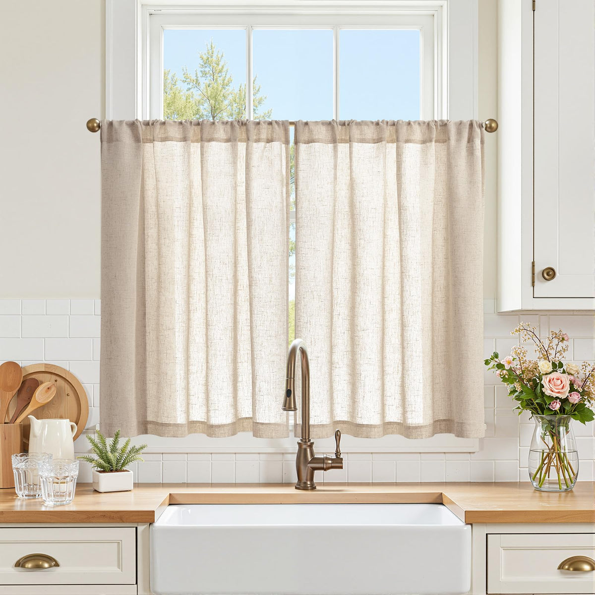 jinchan Linen Pinch Pleated Back Tab Tier Curtains, 26x36, Natural