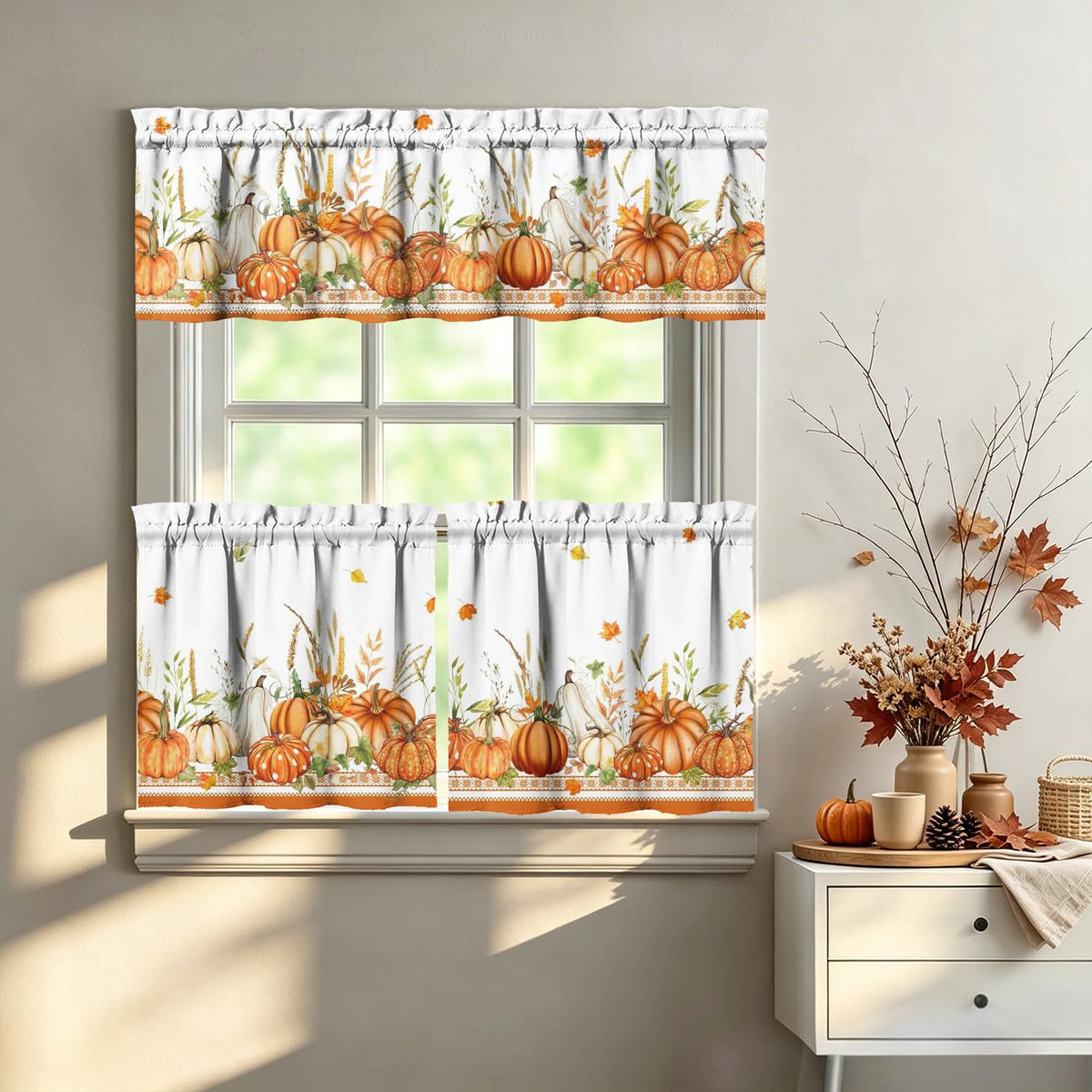 Sage Kitchen Curtain Valance 3 Piece Set, Sage Leaf Floral Kitchen Decor for Home Interior, Farmhouse Style Sink Window Curtains 36 Inch