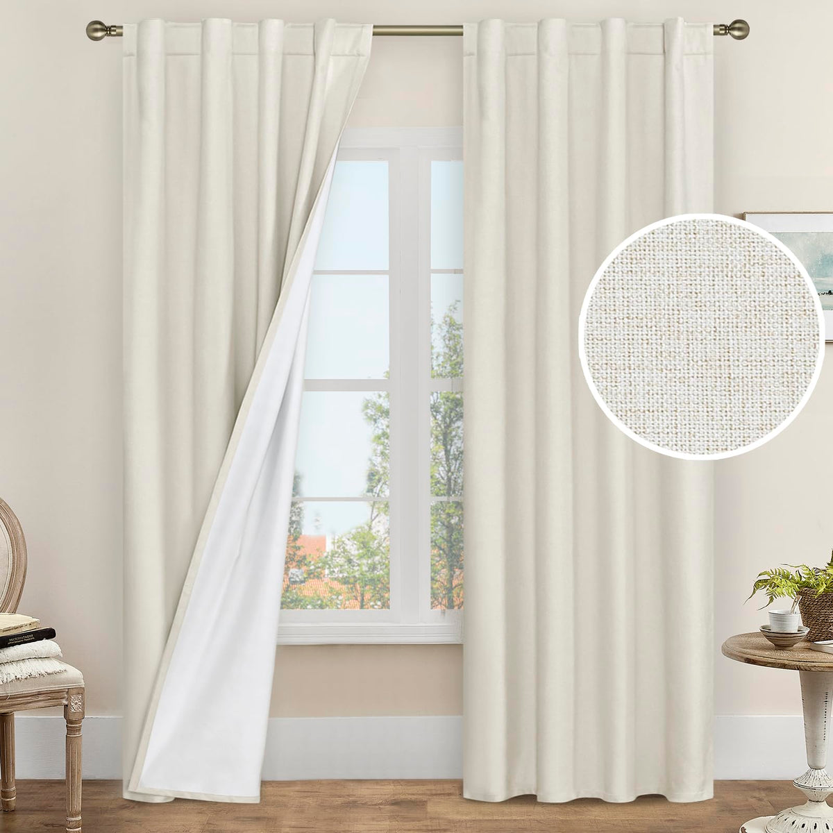 LAMIT Full Blackout Linen Kitchen Window Curtains 36 Inches Long, Ivory