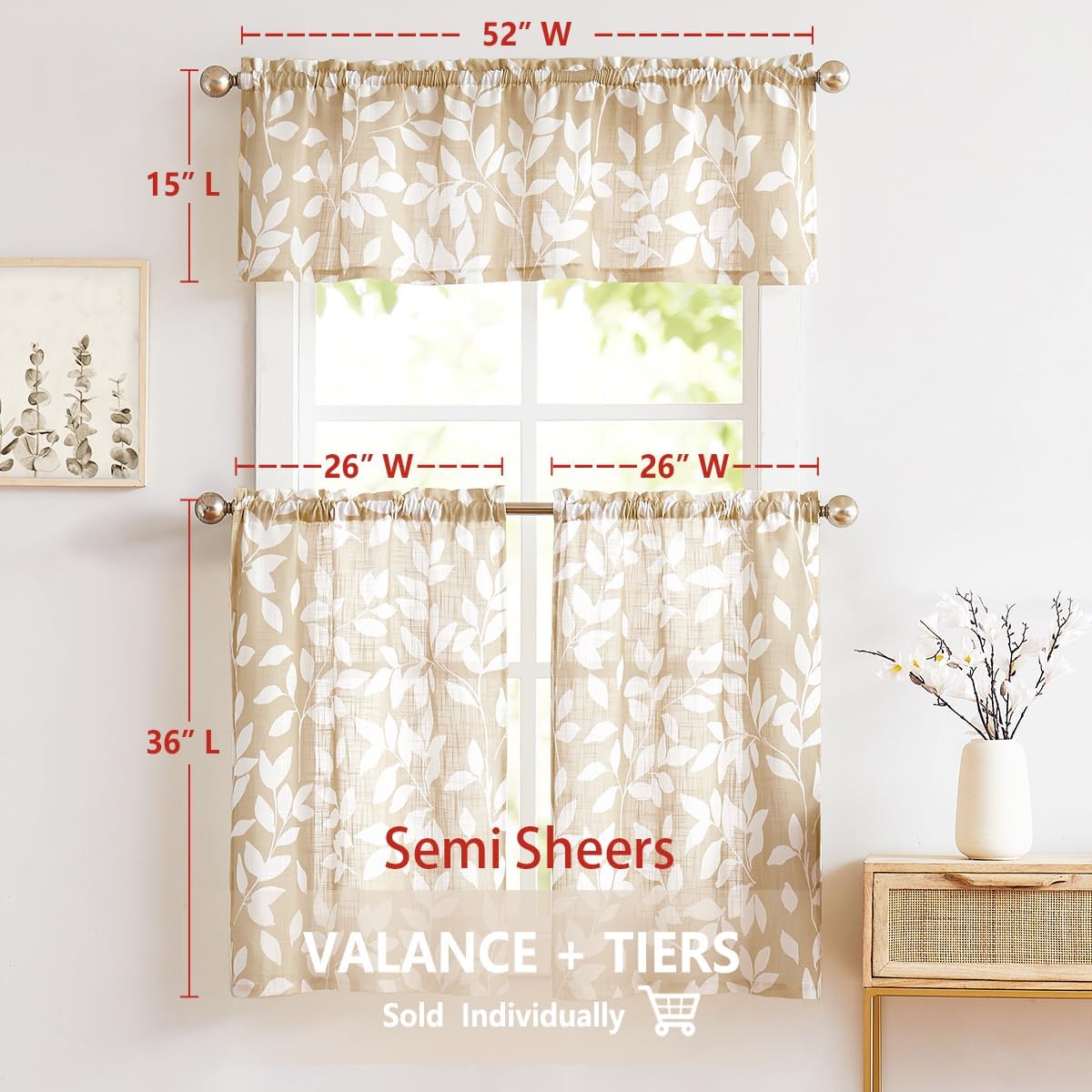 Leaf Kitchen Curtains 36"L Small Tier Window Curtains White Taupe 2pcs
