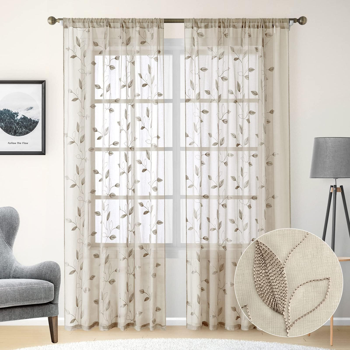 HOMEIDEAS Sage Green Kitchen Tier Curtains Leaf Embroidered, 30x36, 2 Panel