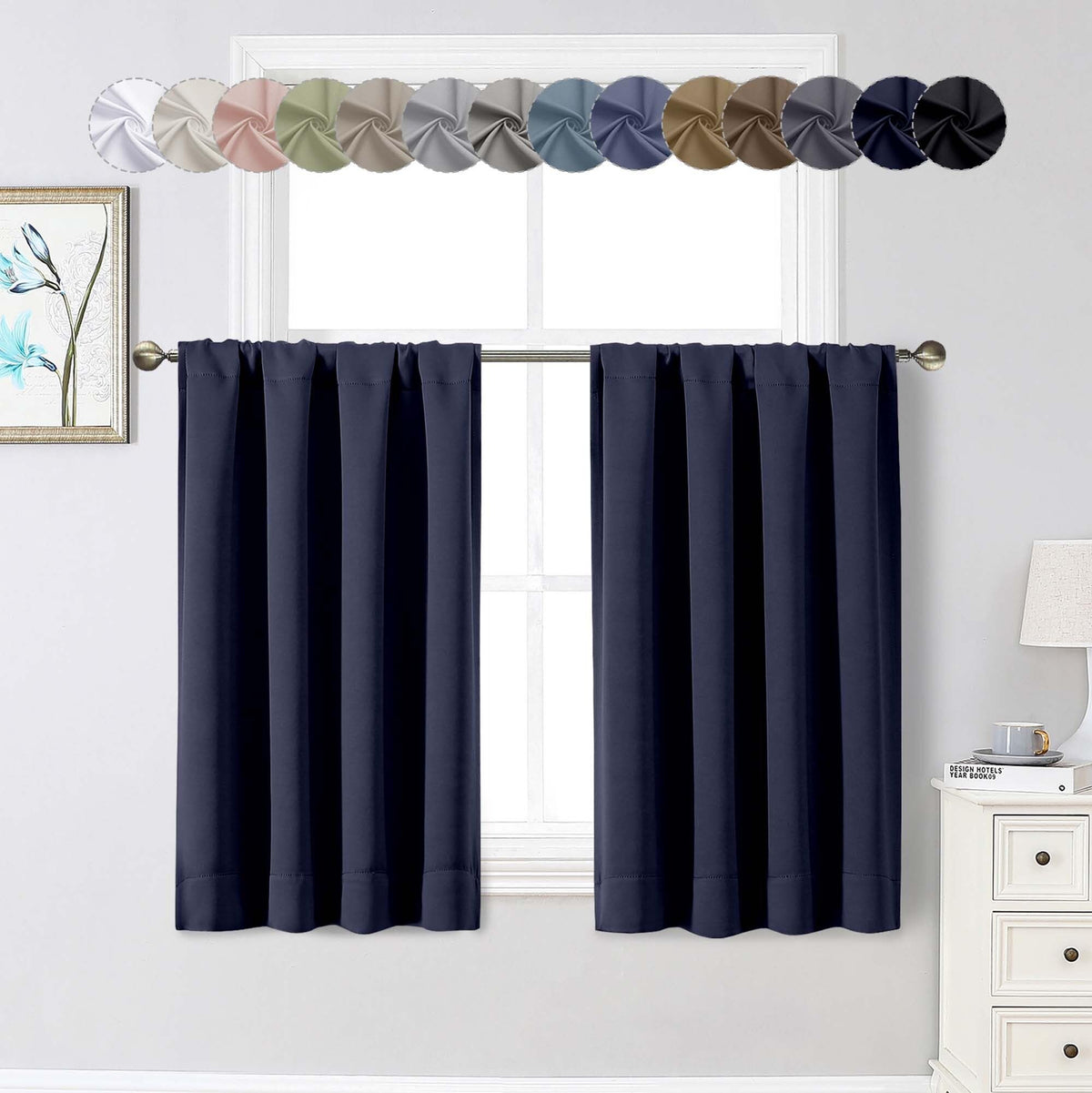 Black Cafe Blackout Curtains 36 Inch Length 2 Panels Set, Soft Solid Thermal Insulated Room Darkening Small Window Curtains for Kitchen Bathroom Basement, Black, Each, 40" Wx36 L