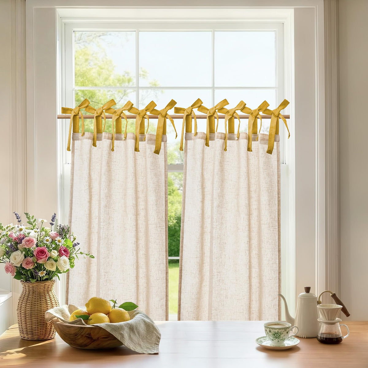 jinchan Solid Linen Kitchen Tier Curtains 24 Inches Tie Top 2 Panles Crude