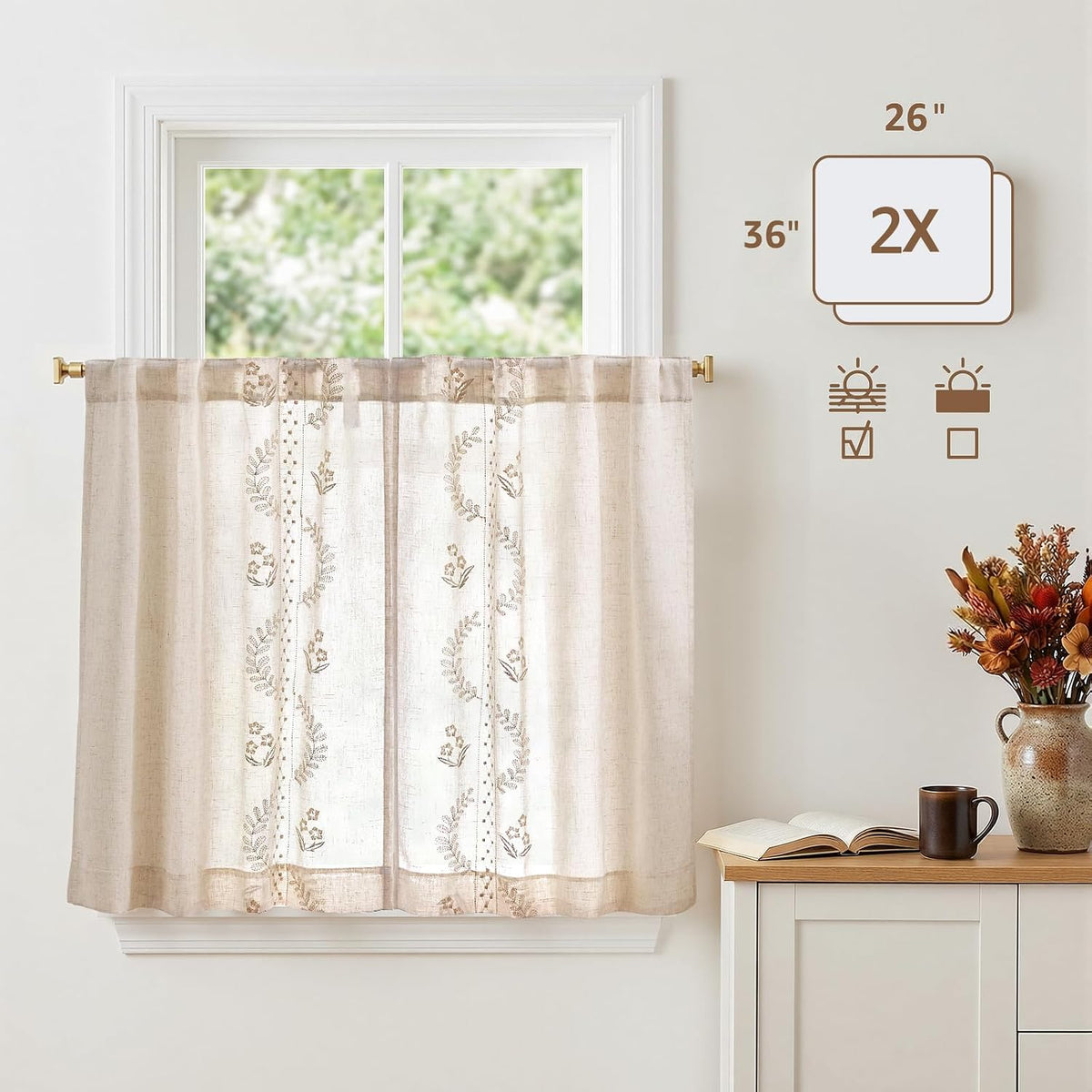 jinchan Beige Floral Linen Kitchen Tier Curtains 36 Inch, 2 Panels