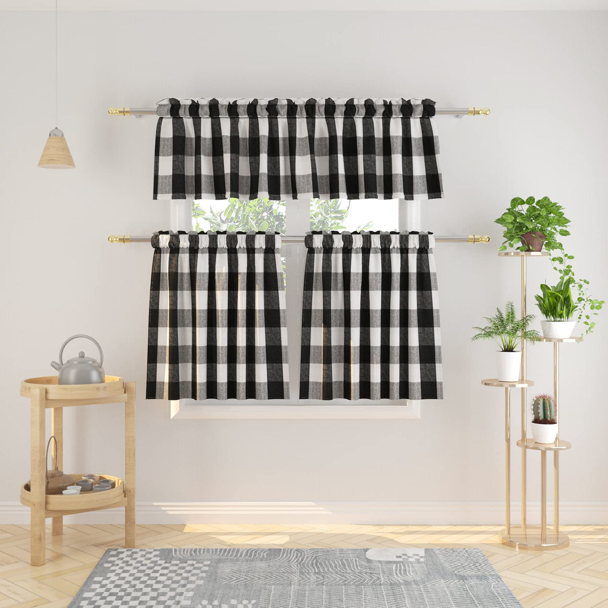 3 Pieces Tier Curtains and Valance Set Buffalo Check Kitchen Tiers Plaid Gingham Rod Pocket Classic Short Small Cafe Curtains Country Farmhouse Cafe Bathroom 54"x18"/27"x24" Brown & White