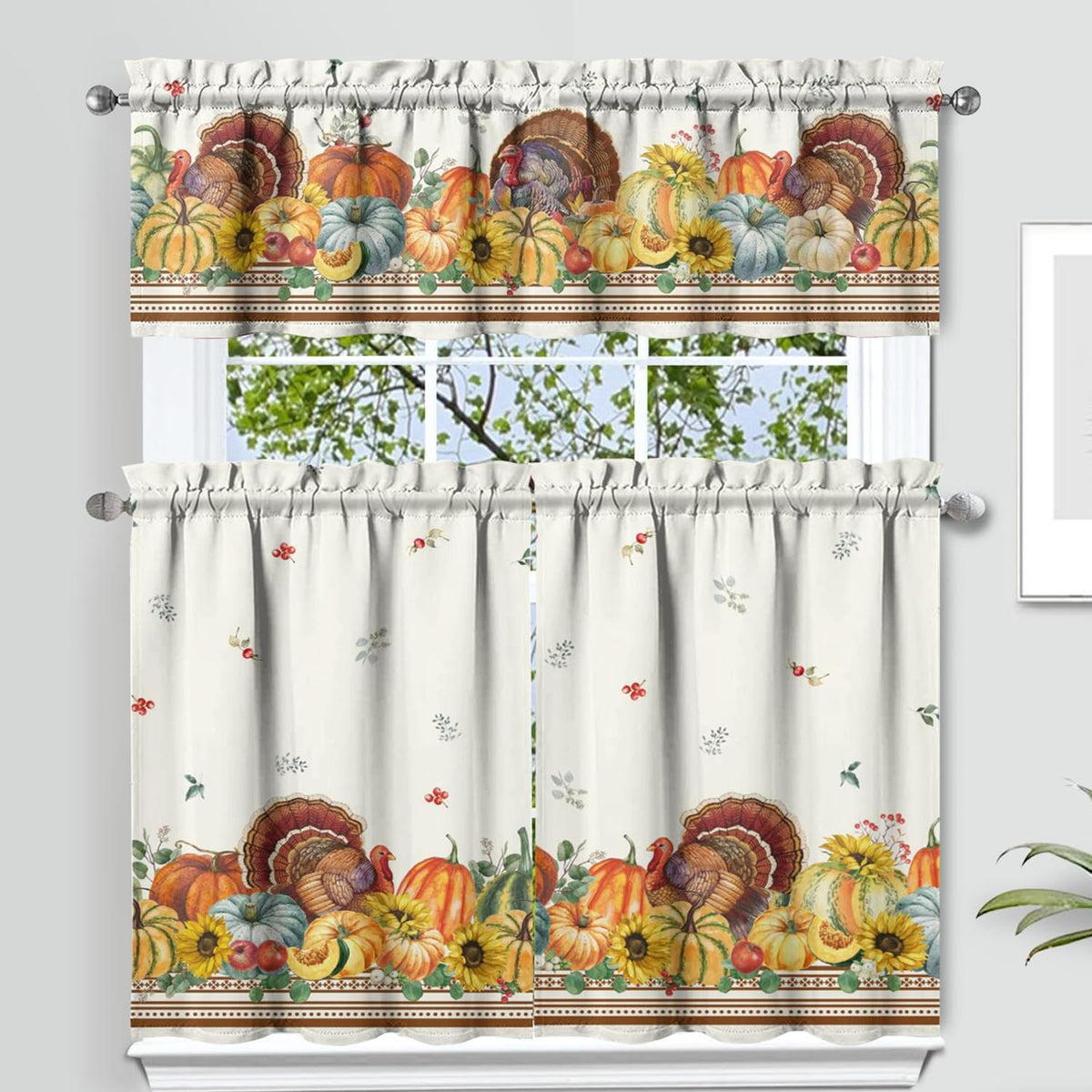 Sage Kitchen Curtain Valance 3 Piece Set, Sage Leaf Floral Kitchen Decor for Home Interior, Farmhouse Style Sink Window Curtains 36 Inch