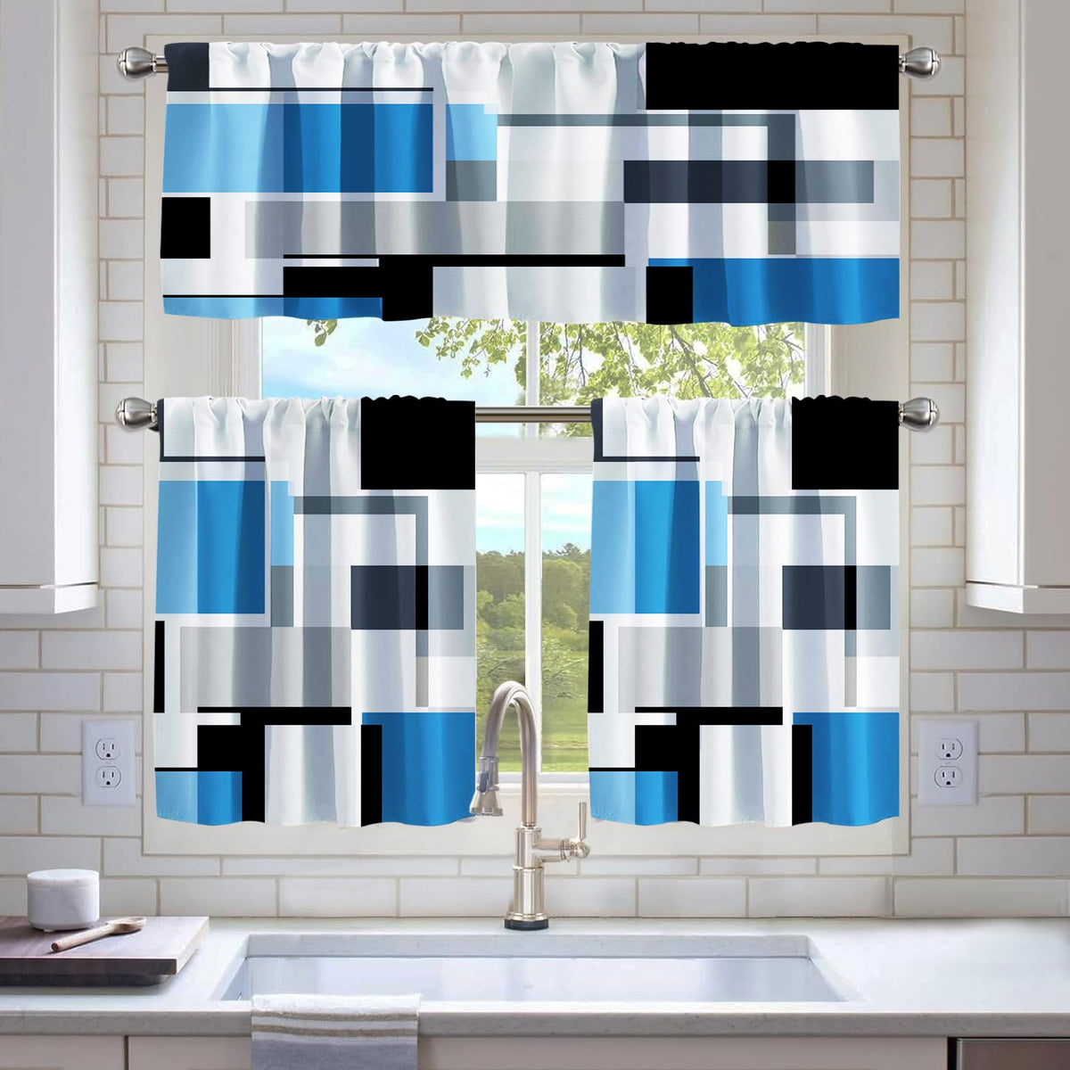 Kitchen Curtains Sets for Windows,52x36 Inch 3 Piece,Green Marble