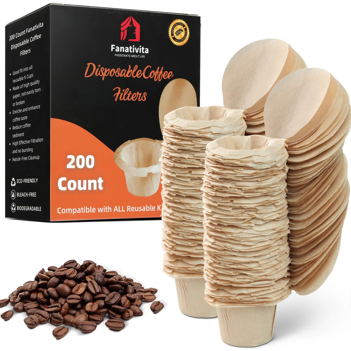 Fanativita 300ct K Cup Coffee Filters with Genius Lid, Unbleached