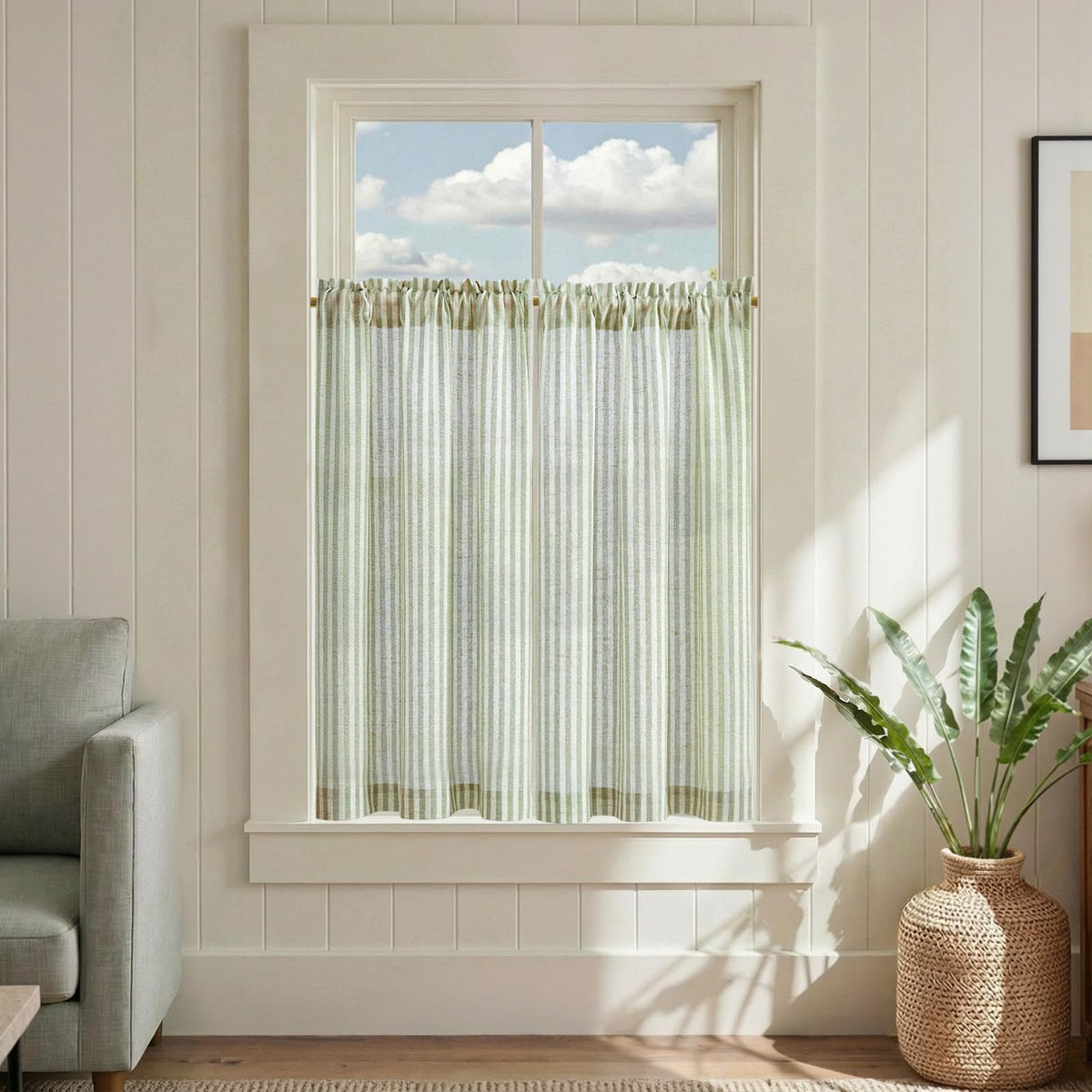 jinchan Striped Linen Kitchen Tier Curtains, 30 Inch, Sage Green, 2 Panels