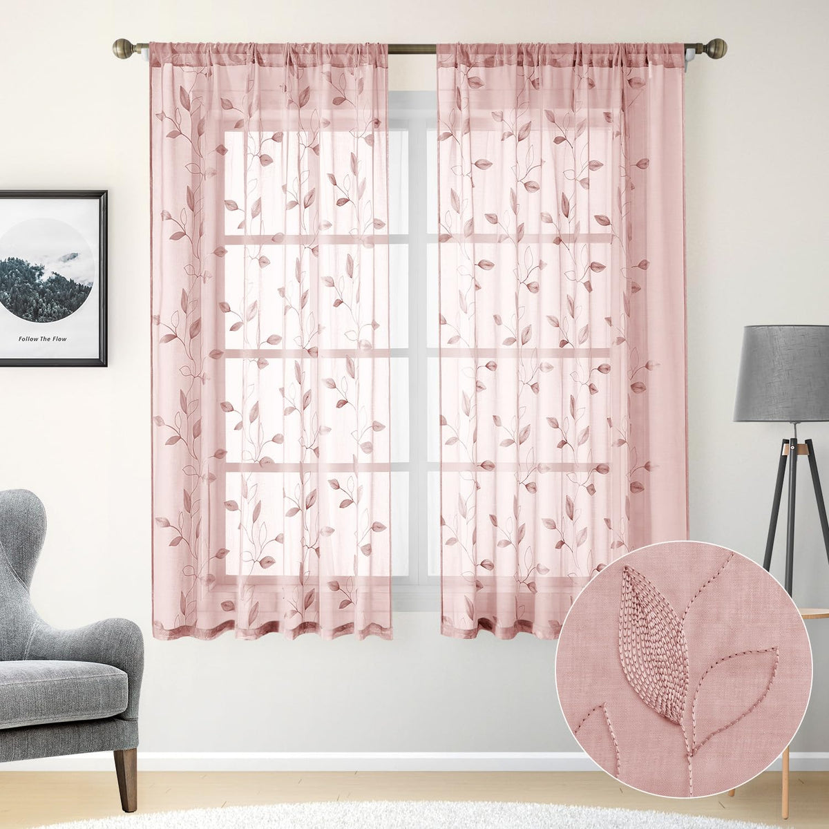 HOMEIDEAS Sage Green Kitchen Tier Curtains Leaf Embroidered, 30x36, 2 Panel