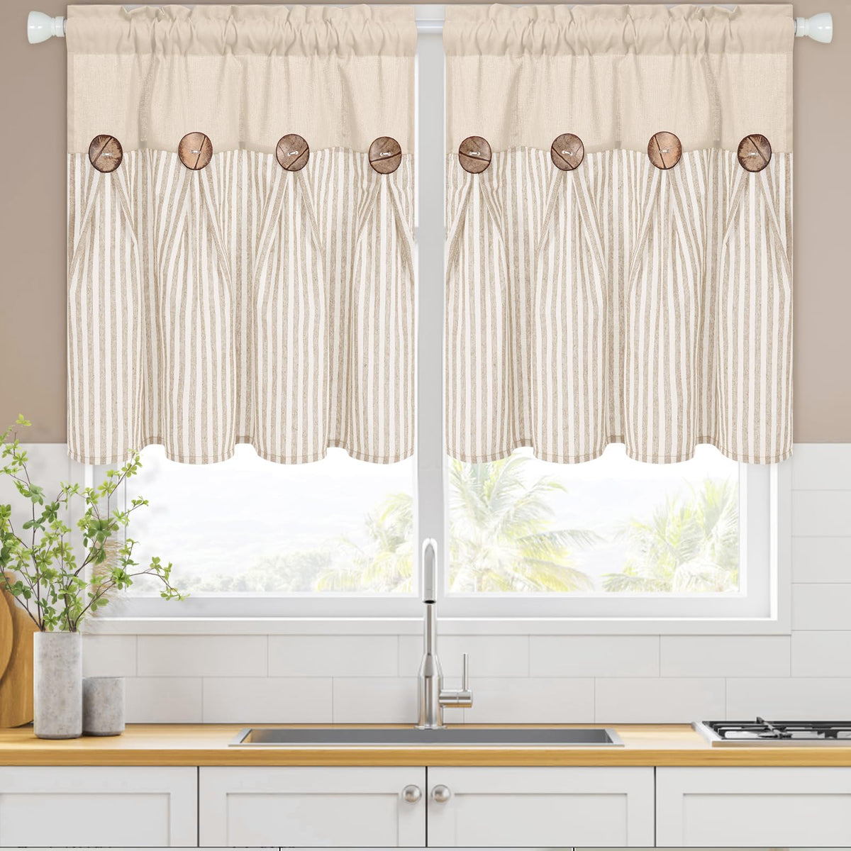 ASPMIZ Cotton Linen Kitchen Valance Curtains, Boho Rustic Button Linen Valances for Windows Farmhouse, Black with Grey Stripe Valance Window Topper Treatment Window Valances for Bathroom, 52 x 18 Inch