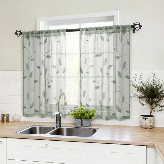HOMEIDEAS Sage Green Kitchen Tier Curtains Leaf Embroidered, 30x36, 2 Panel