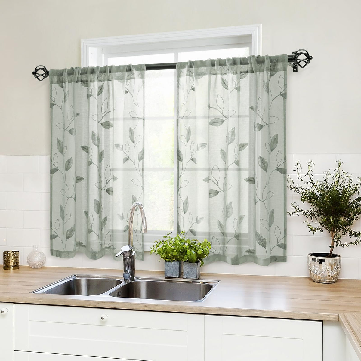 HOMEIDEAS Sage Green Kitchen Tier Curtains Leaf Embroidered, 30x36, 2 Panel