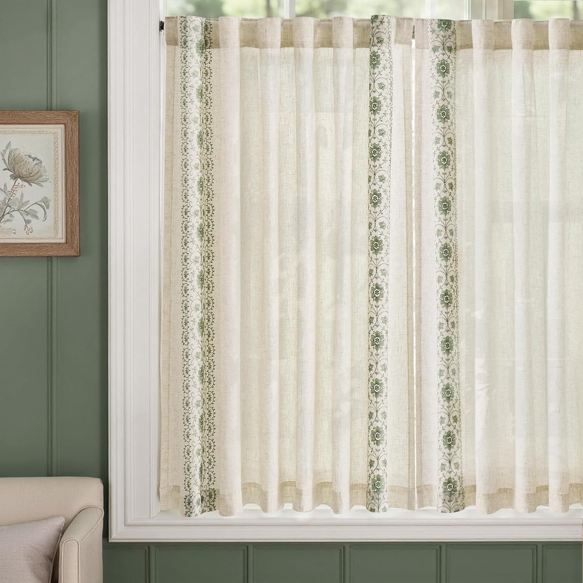 jinchan Sage Floral Linen Kitchen Tier Curtains Back Tab 54×45 2 Panels