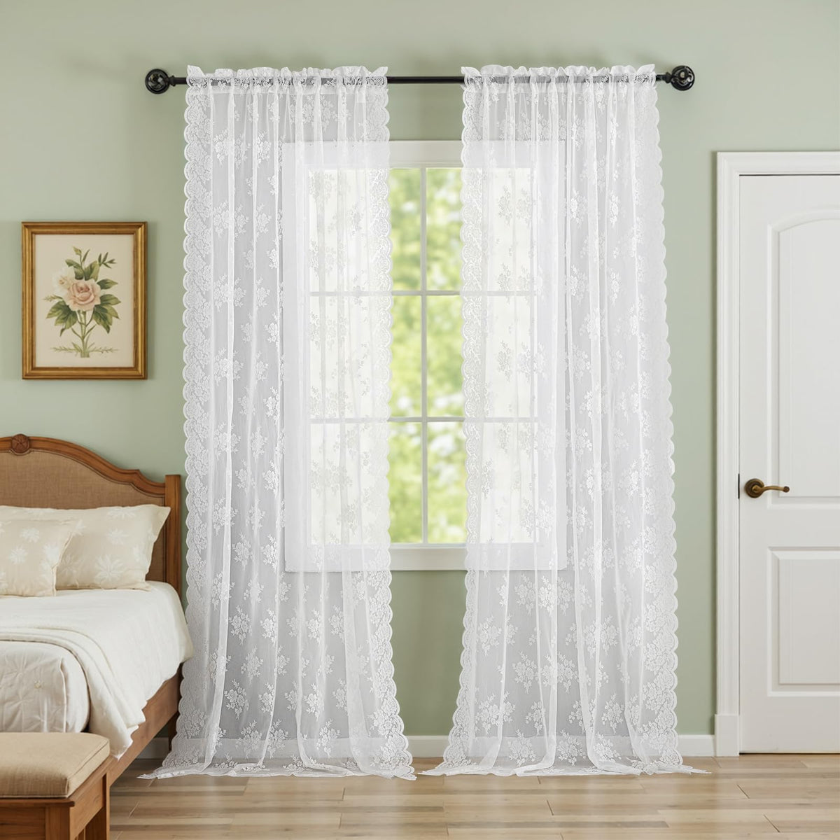 Kotile Short Beige Lace Curtains for Kitchen Windows W42xL45 Inch, 2 Panels