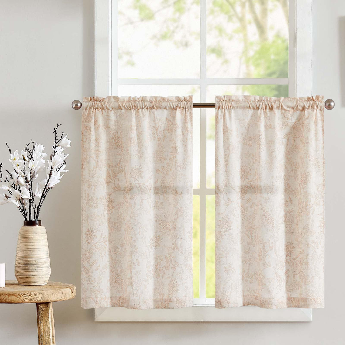 jinchan Floral Kitchen Tier Curtains 24 Inch 2 Panels Sage Green on Beige