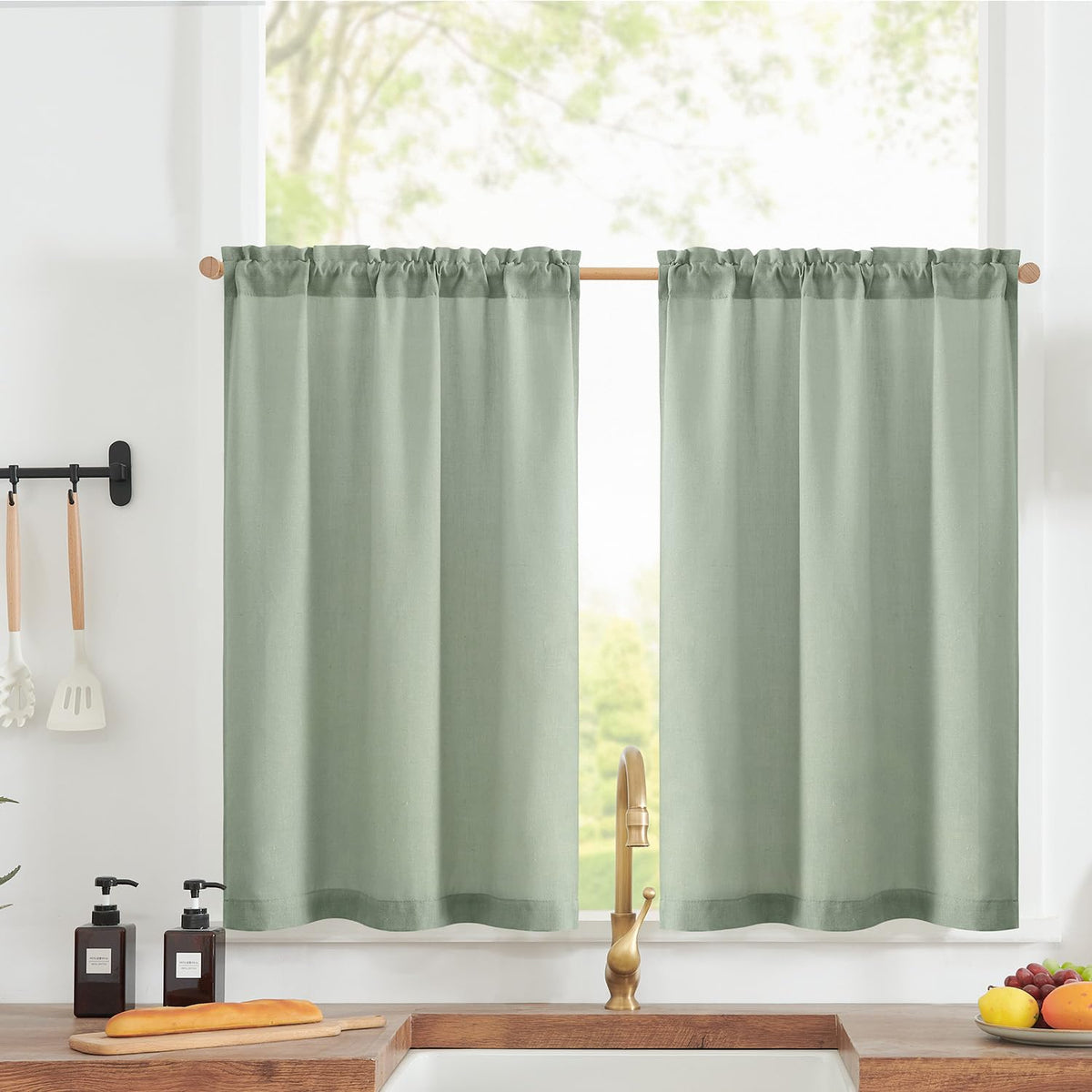 jinchan Linen Blend Kitchen Tier Curtains, 24 Inch, White, 2 Panels