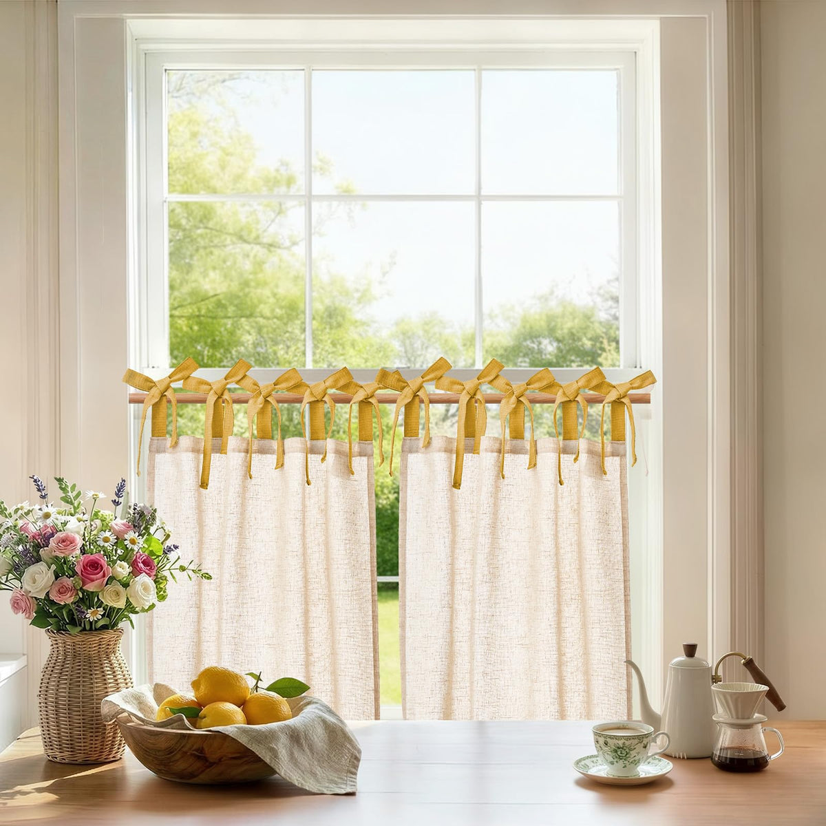 jinchan Solid Linen Kitchen Tier Curtains 24 Inches Tie Top 2 Panles Crude