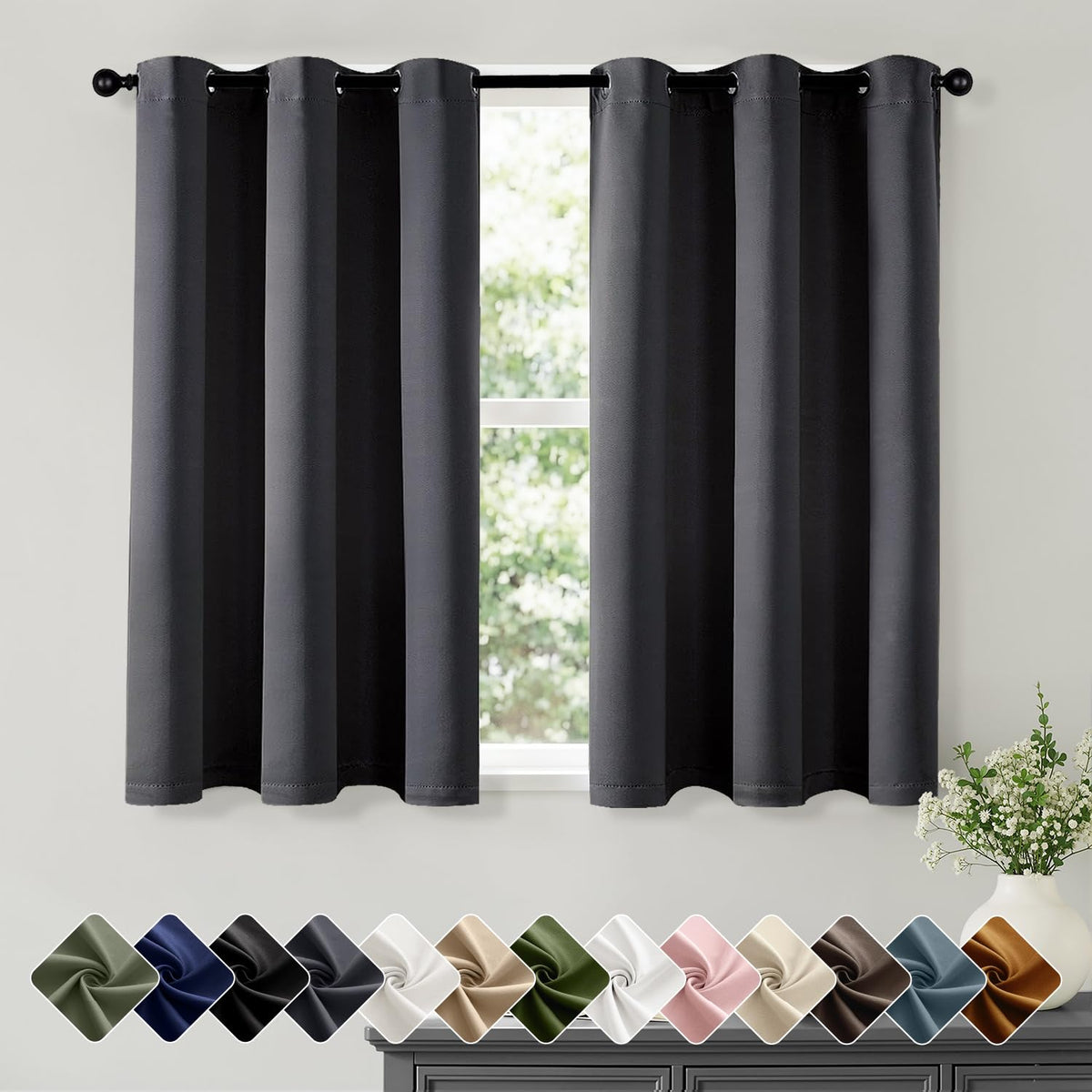 Short Navy Blue Blackout Kitchen Curtain W40 x L45 Inch 2 Panels