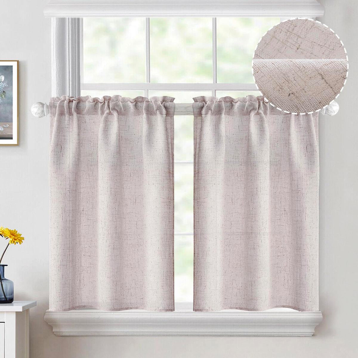 MIULEE Spring Linen Textured Kitchen Window Curtains over Sink 24 Inch Length Semi Sheer Farmhouse Small Curtains for Cafe Bathroom Basement, Short Rod Pocket Tier Curtains 2 Panels W26XL24 Sage Green