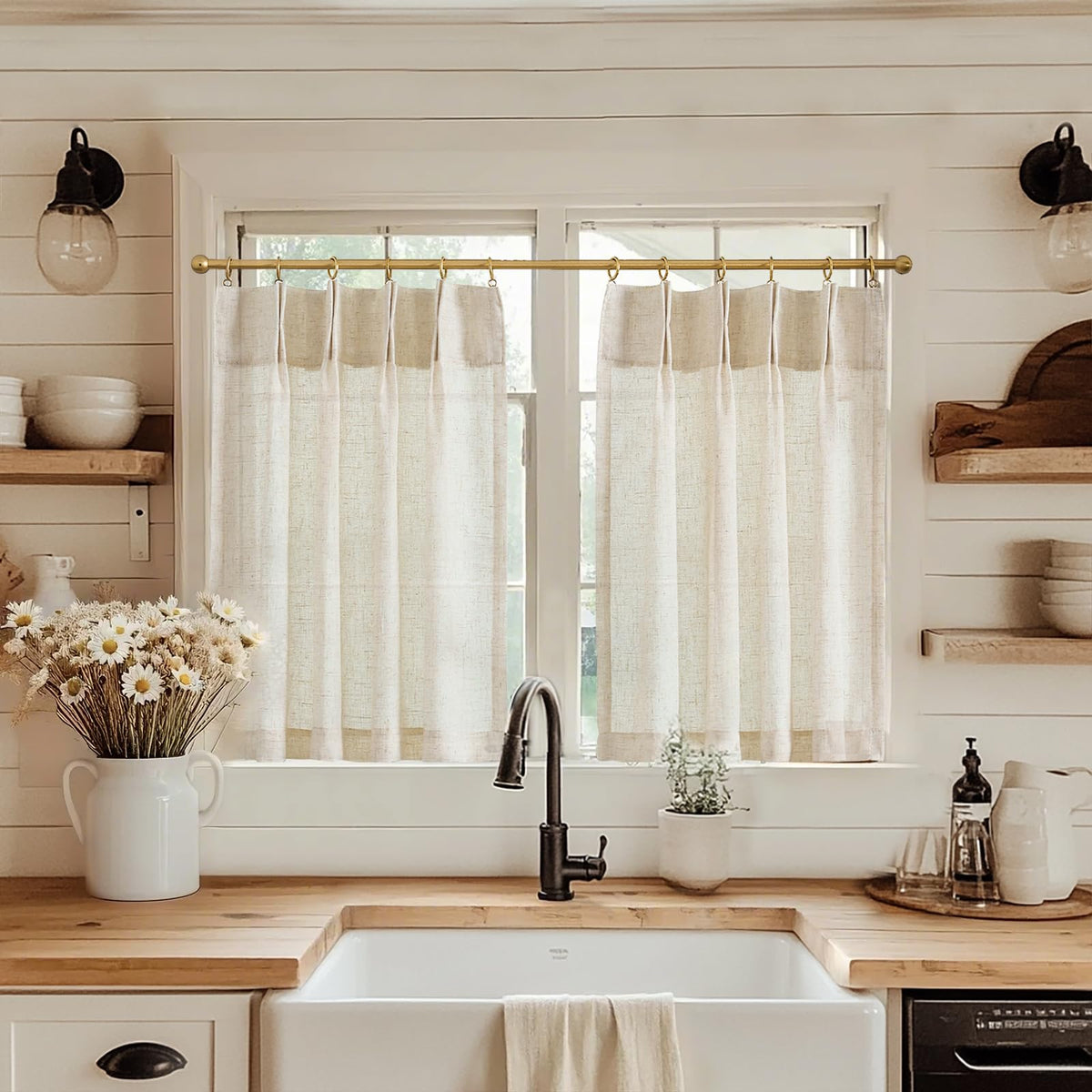 jinchan Linen Pinch Pleated Back Tab Tier Curtains, 26x24, Natural